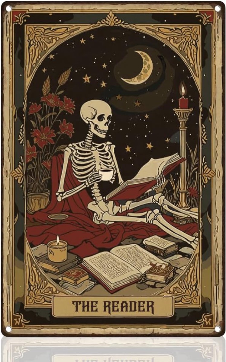 Tinnen bord retro metalen wanddecoratie 20 x 30 cm vintage The Reader Tarot Halloween vintage muurkunst poster voor thuis, bibliotheek, café, leeskamer, klaslokaal, decoratie