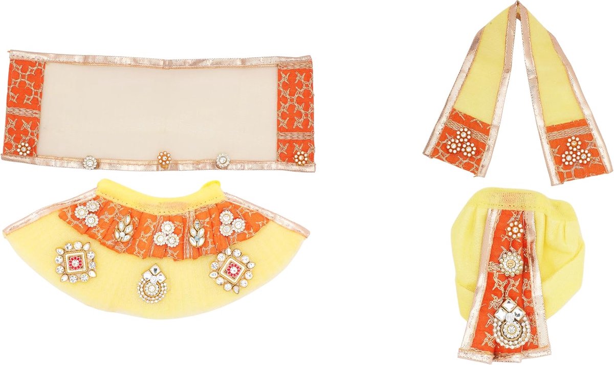 Ganesh Dress vastra Poshak Cloth Lehenga Chunari Dhoti Puja Item Samgari Radha Krishna Dress voor Laxmi Ganesh Durga Devi Idol standbeelden Indiaas traditioneel Diwali Festival (maat: -4") (geel