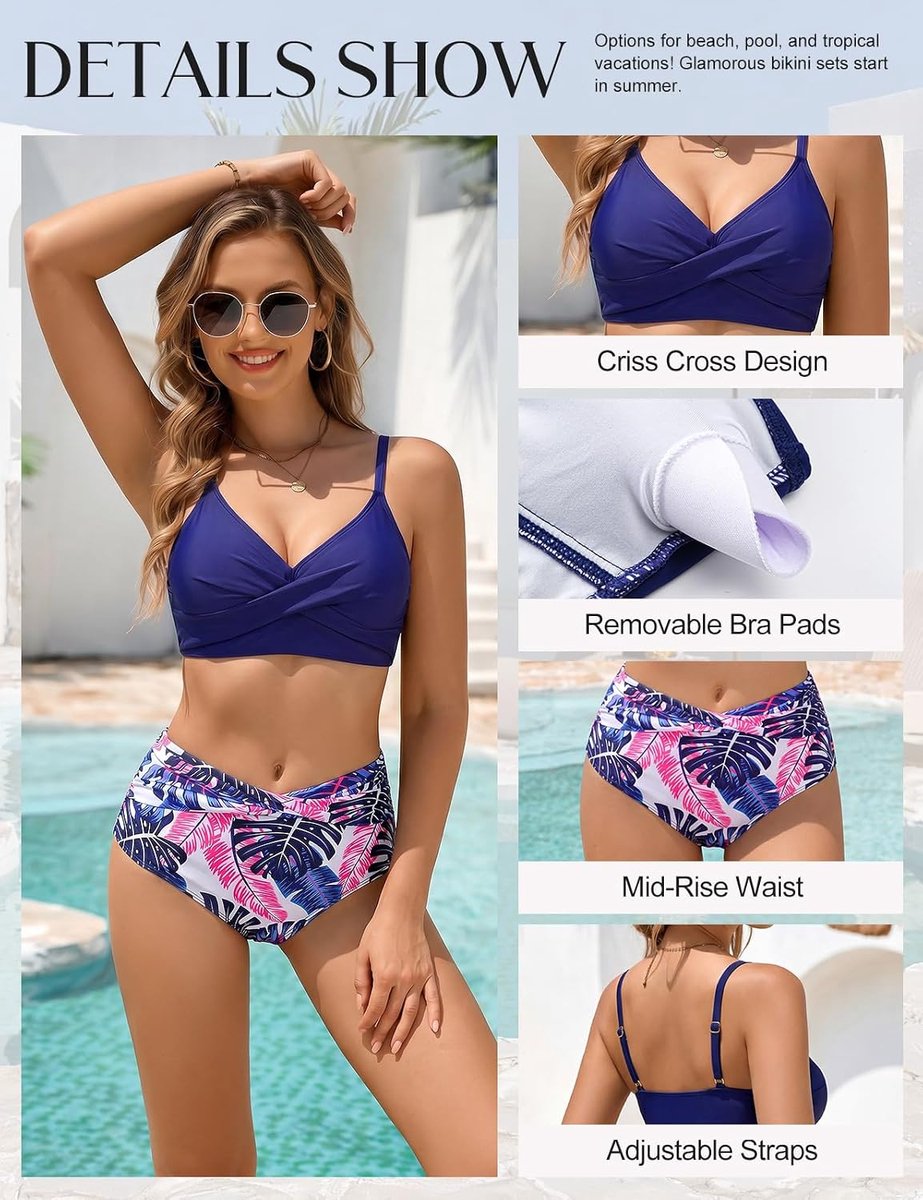 Bikini voor dames, buikweg-set, hoge taille, badmode, crossover, V-hals, bikinitop, push-up, strand, elegant, tweedelig badpak