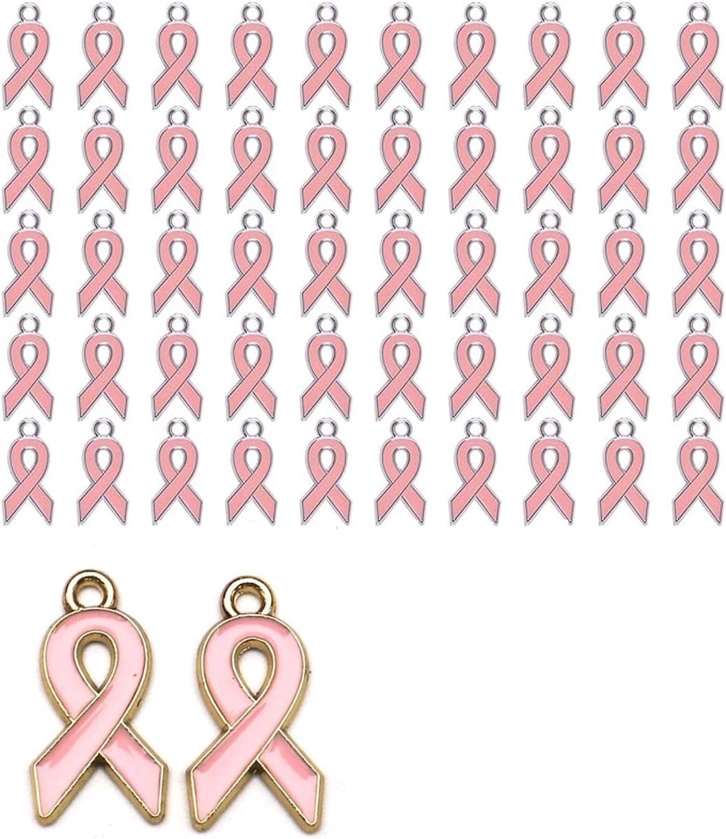 50 stuks roze emaille hartvormige strikken - borstkanker bewustzijn bedels, corrosiebestendig en hoogglans gelakt, ideaal voor doe-het-zelf sieraden en solidariteitssymboliek