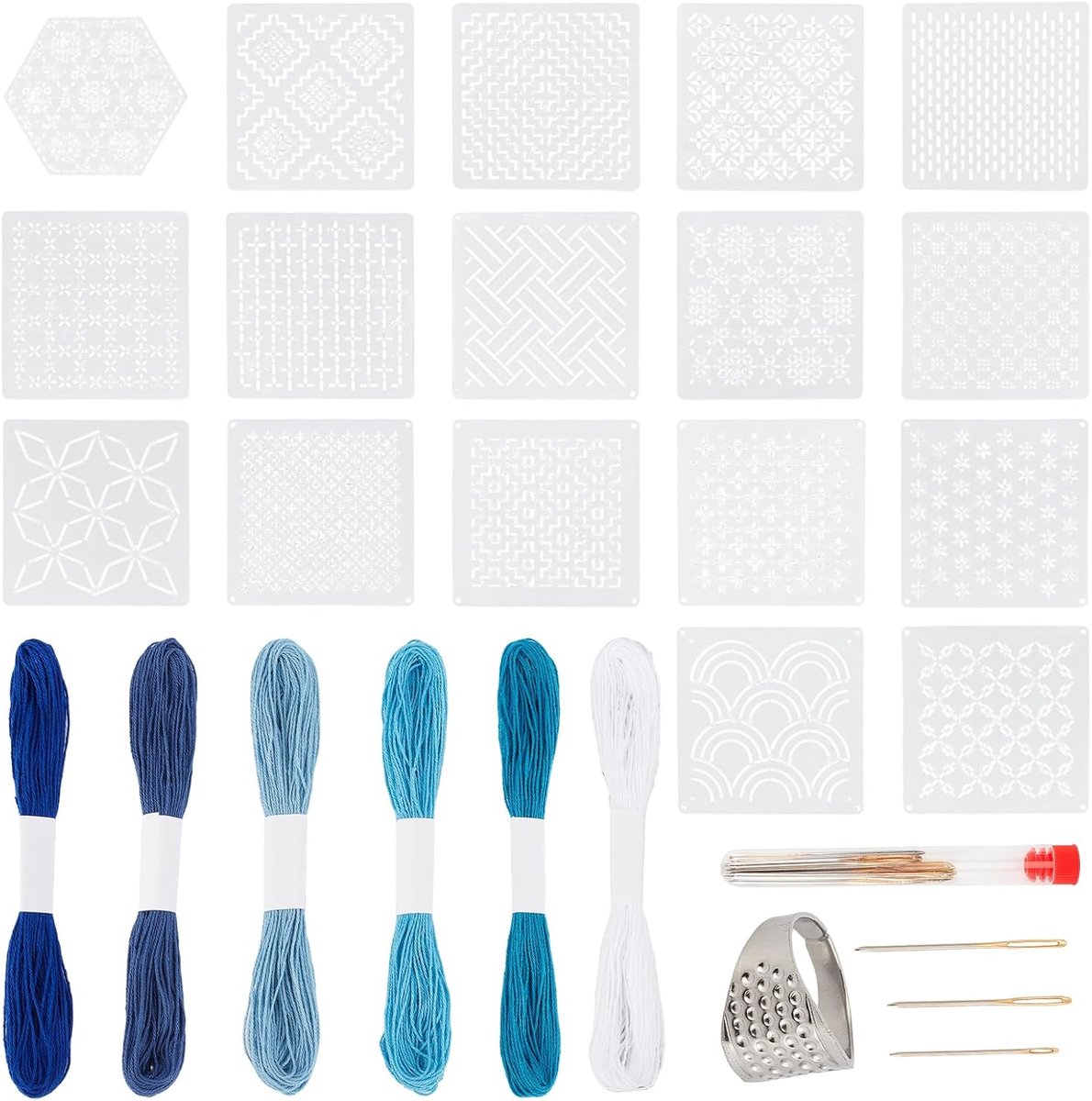 42 stuks Sashiko draad kit, 17 stuks 5,1 x 5,1 inch plastic Sashiko stencil, 12 stuks borduurgaren, 12 stuks naalden en 1 vingerhoed, tekenlijn kit voor naaien hand quilten
