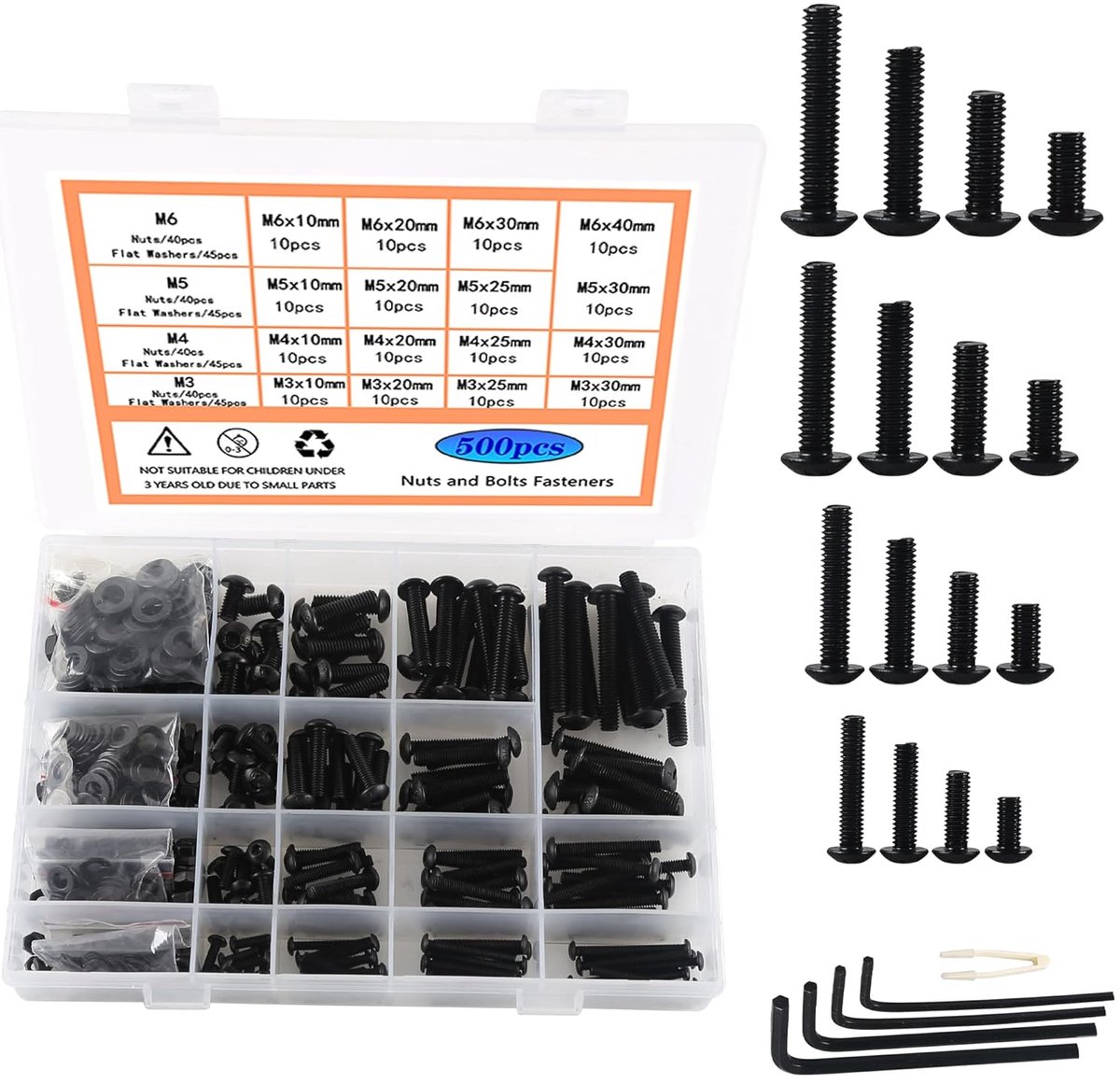 M4 M5 M6 zeskantschroeven koolstofstaal zwart schroeven en moeren sluitringen set 500 stuks hex socket rond-knopkop lenskop bouten met schroevensleutel