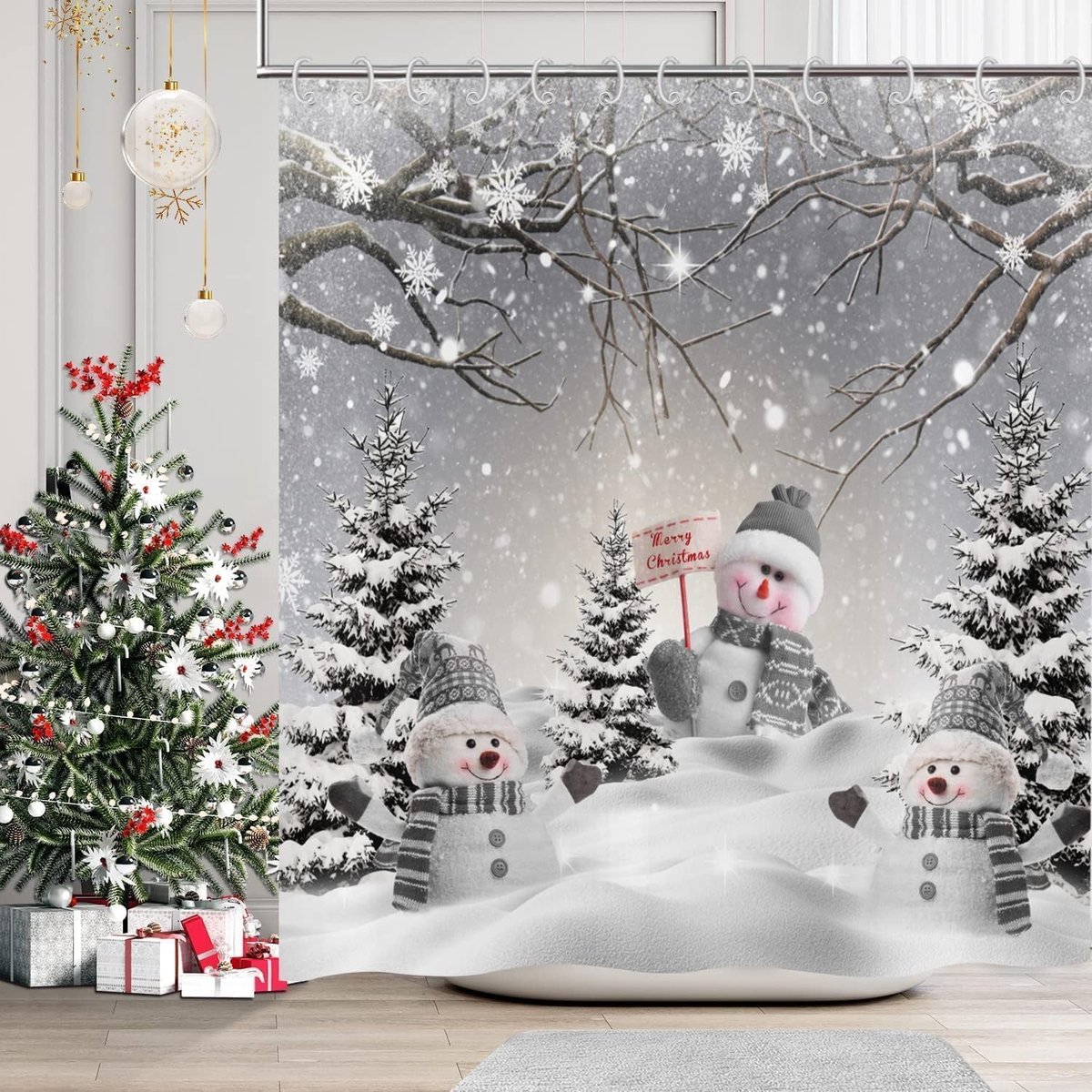 Kerst Douchegordijn, Grijs Wit Schattig Sneeuwpop Sneeuwpop Scene Besneeuwde Bos Badkamer Gordijn Waterdicht Stof Machine Wasbaar met 12 Stuks Haken 180 x 200 cm