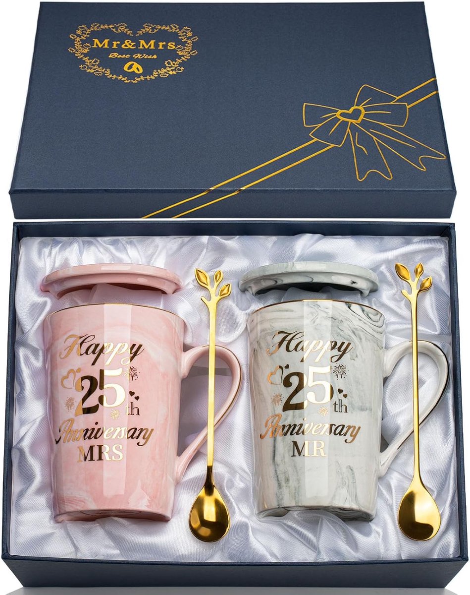 25-jarig jubileum huwelijkscadeaus, zilveren huwelijksgeschenken verjaardag 2 stuks gelukkige 25e verjaardag-y Mr Mrs Gift-s marmeren keramische kopjes set 14oz, zilveren jubileum-y paar gift-s voor