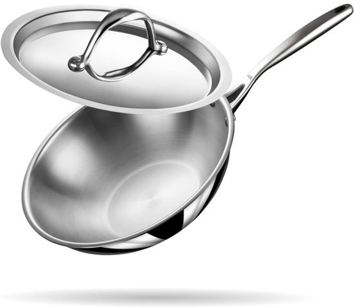 RVS Wok met Deksel Inductie Drie Lagen Staal Koekenpan 22cm 2 Liter