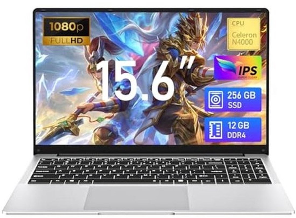15,6 inch Laptop met 6 GB RAM en 256 GB SSD, 180° Draaibaar FHD-display en mini-HDMI