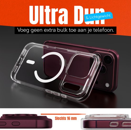 Transparante hoes met MagSafe-ring, dun en lichtgewicht, op een donkerrode iPhone.