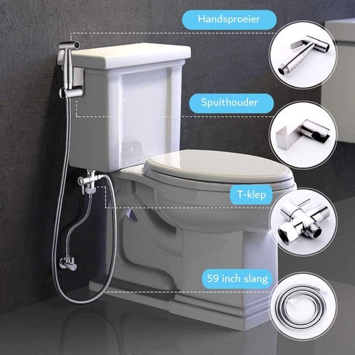 Bidet Handdouche - Roestvrij Staal - Muurbevestiging - Incl. 59 inch Slang - 3-Weg Aan-Uit-Klep