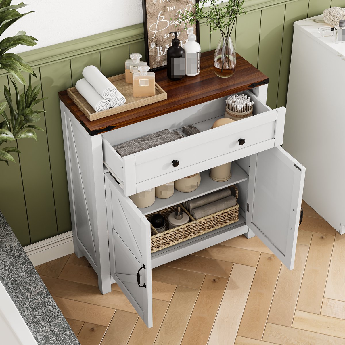 MEUNIQ Keukenkast 76 x 30 x 83 cm met lade, 2 deuren en verstelbare plank - witte buffetkast met walnootkleurig werkblad voor keuken en eetkamer