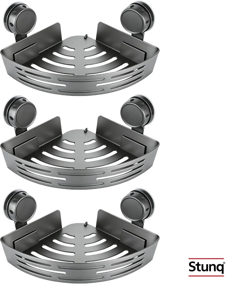 Stunq® Zuignap Hoekdouchehouder 3-Laags Set – Zonder Boren, Sterke Zuigkracht, Antraciet