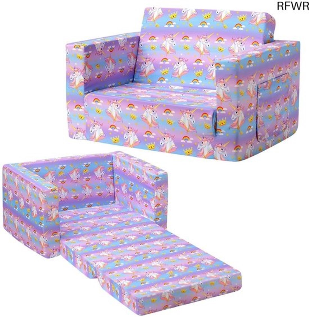 RFWR® 2-in-1 Kinderslaapbank, Uitklapbare Peuterbank voor Meisjes en Jongens met Eenhoorn Design, Perfecte Hangplek voor Kinderen