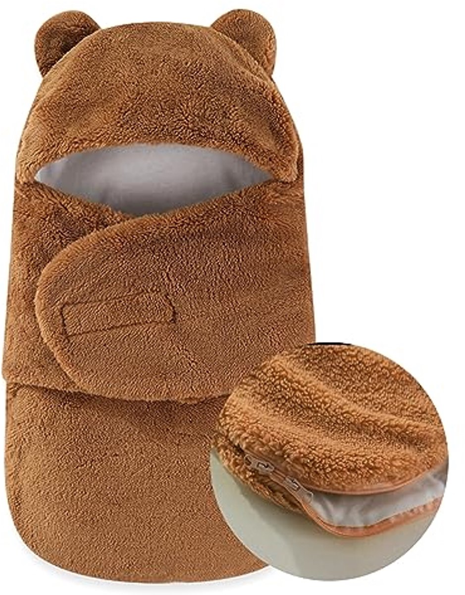 Namajunas - Baby Slaapzak Winter - Wikkeldeken baby - Baby slaapzak winter - 45x62cm - Teddy - Geschikt voor baby´s 0-3 maanden - Kraamcadeau unisex - Warm Brown - Inbakerdoek Beertje - Verstelbaar