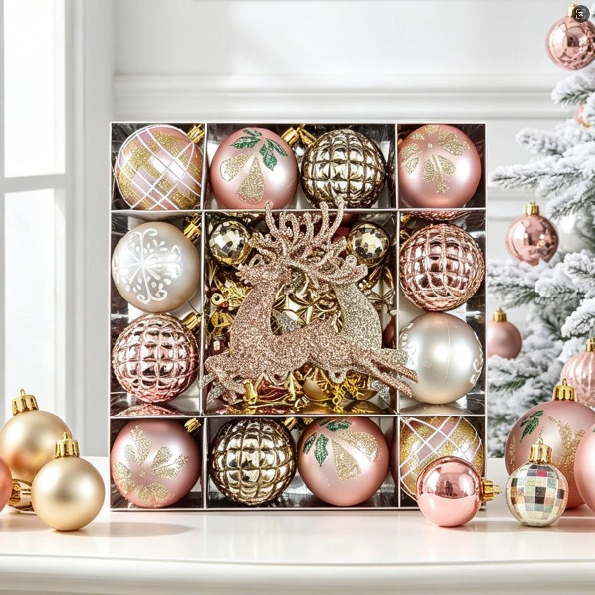 Kerstballen Set – Rosegoud & Champagne – Decoratieve Kerstballen met Rendierdesign – Kunststof Kerstboomversiering