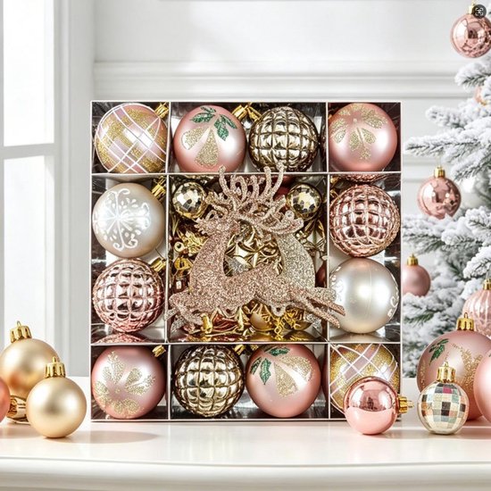 Kerstballen Set – Rosegoud & Champagne – Decoratieve Kerstballen met Rendierdesign – Kunststof Kerstboomversiering