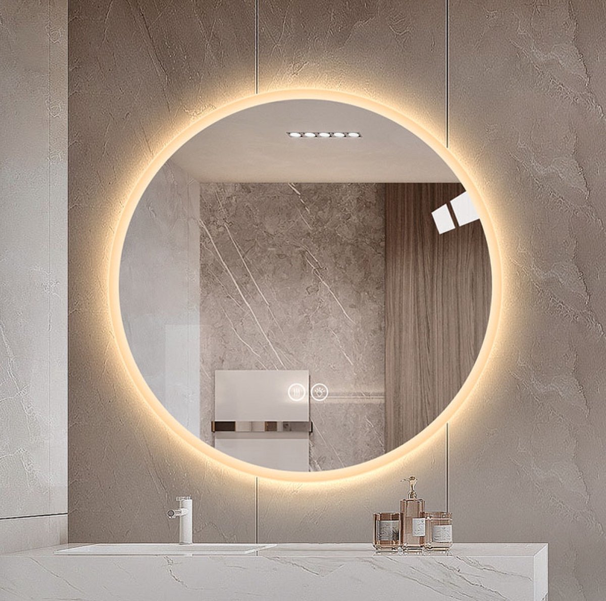 MEUNIQ Ronde LED badkamerspiegel Ø80 cm, wandspiegel met anti-condensfunctie, dimbare verlichting en 3 kleurtemperaturen voor badkamer en kaptafel, zilver