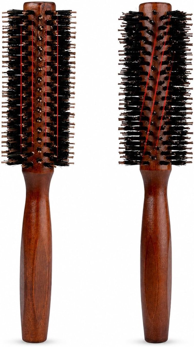 2 stuks ronde haarborstel van hout, zwijnenhaar, antistatisch, voor borstelen, volume, krullen, drogen, ontwarren, lang, kort haar, dames, heren, salon, professionele kappers
