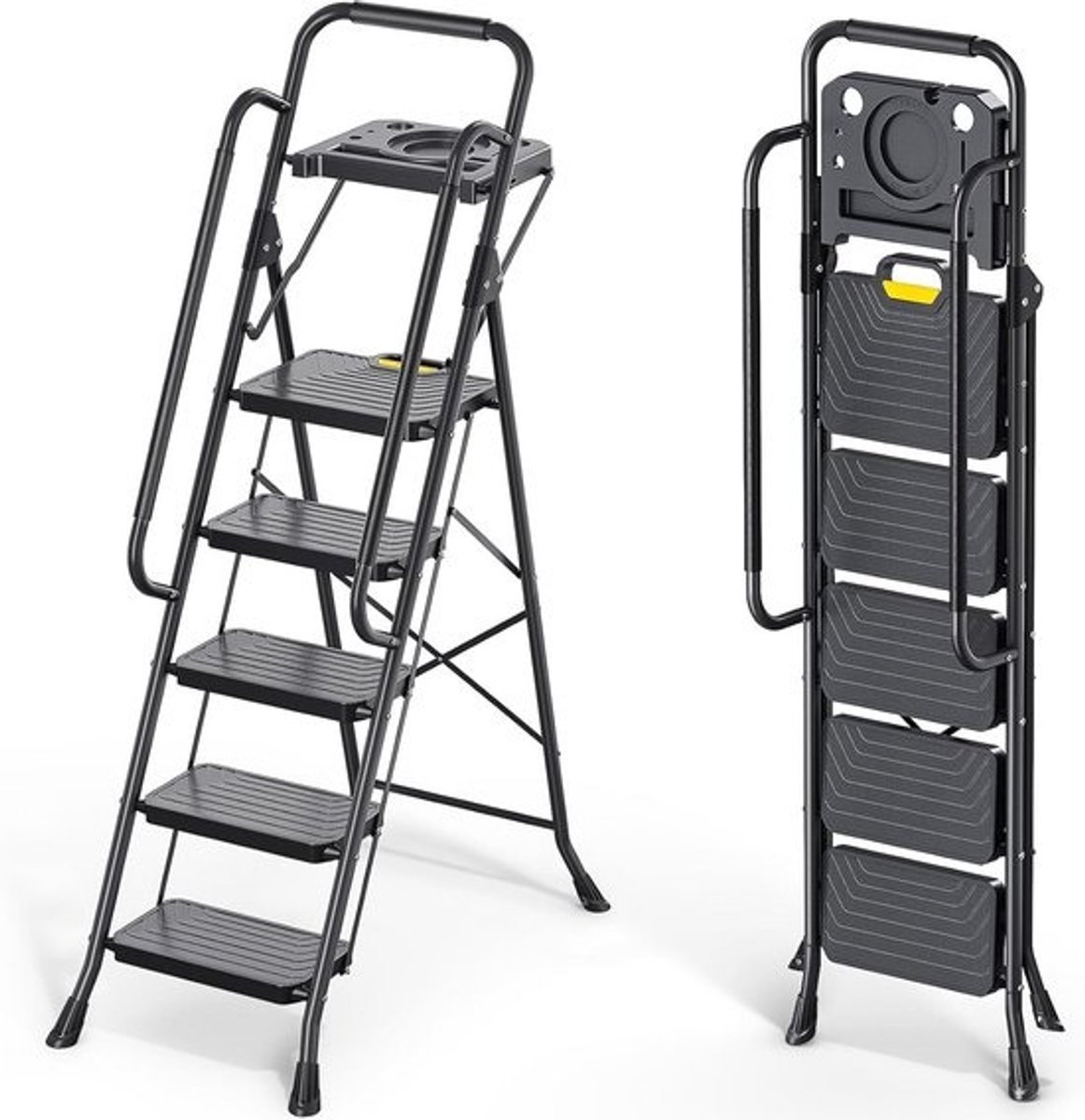 Stevige trap - Opstapladder - Huishoudelijke klusjes - Extra brede treden - 5 treden - Zwart