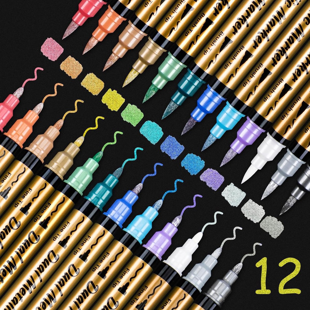 Metallic stiften, 12 kleuren, dual tip, metallic markeerstiften, set voor fotoalbum om zelf vorm te geven, gastenboek voor bruiloft, gastenboek, verjaardag, scrapbook, zwart papier, stenen