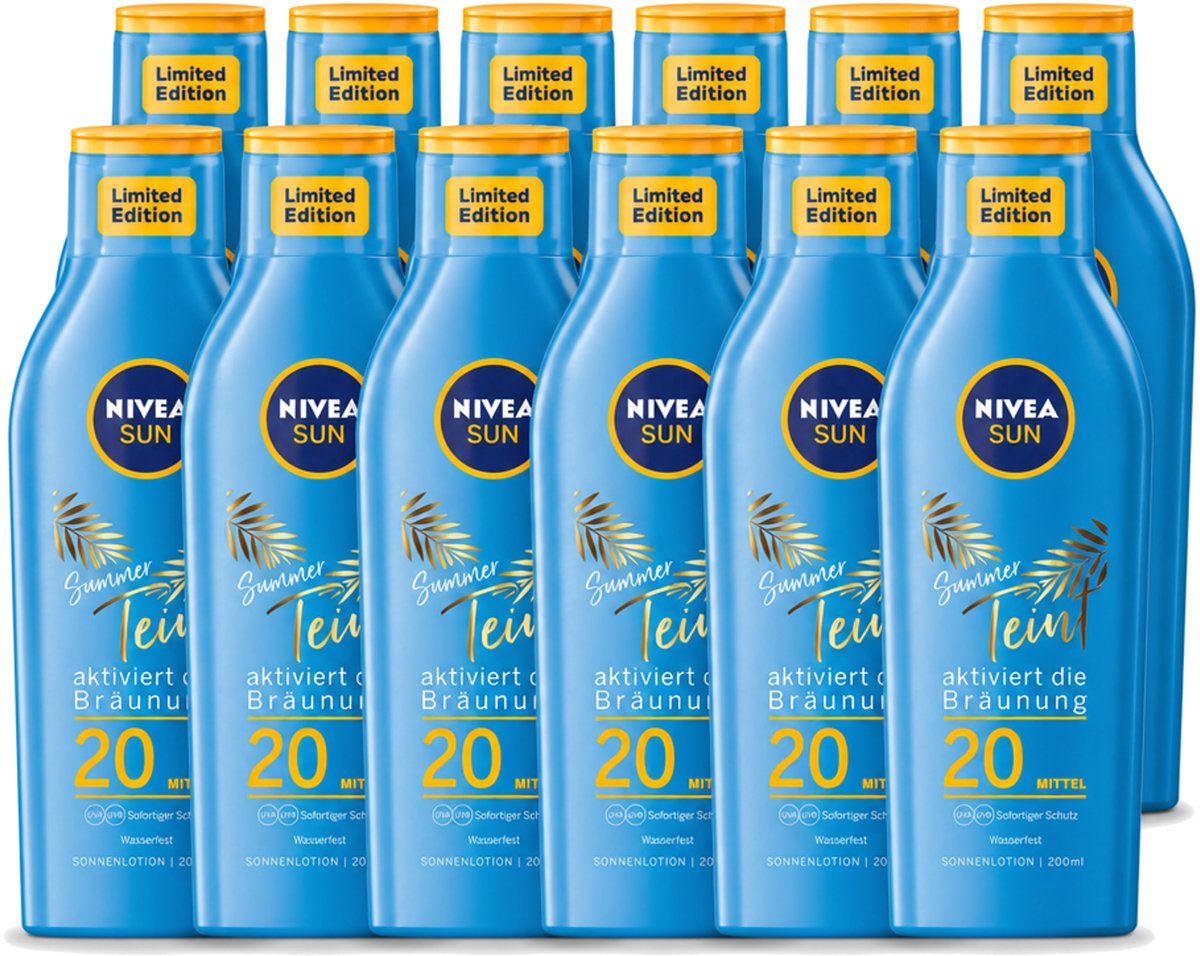 12 x Nivea Sun – Zonnemelk – Zomerteint SPF 20 – 200 ml - Voordeelverpakking - 12 stuks
