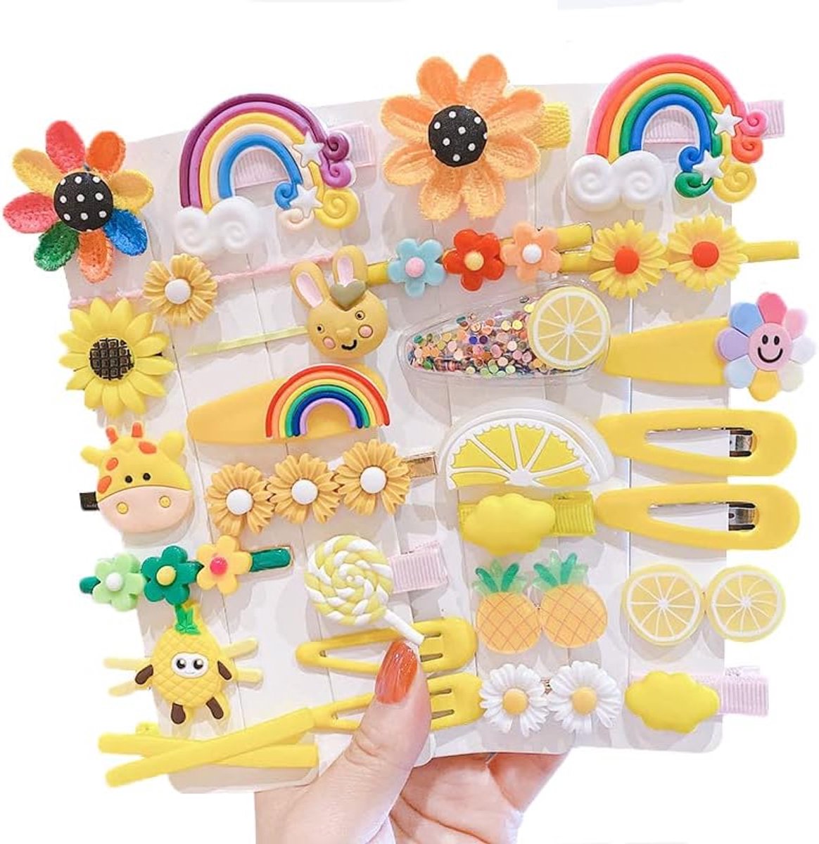 Haarspelden, modieuze haaraccessoires voor meisjes, bloemen, vruchten, kleurrijk, regenboog, snoep, desserts, schattige dierenhaarspeldenset, antislip metalen drukknopen (geel)