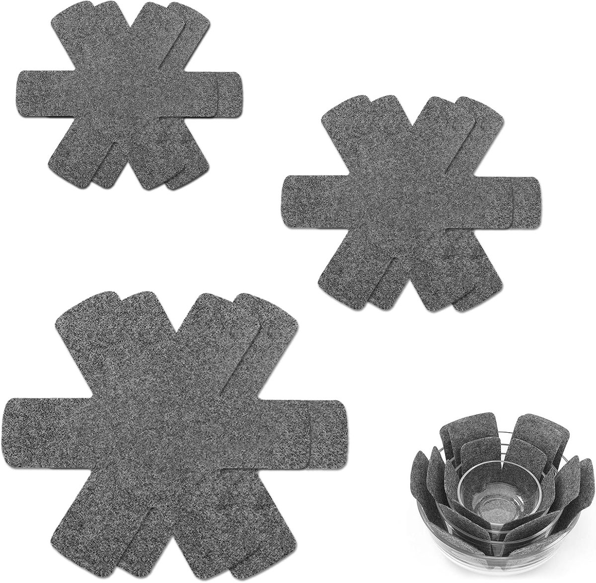 6 stuks pannenbeschermers van vilt, stapelbescherming voor potten en pannen, 3 maten, antislip warmte-isolatiemat, potorganizer en pannenscheider, overkookbescherming, keukenaccessoires