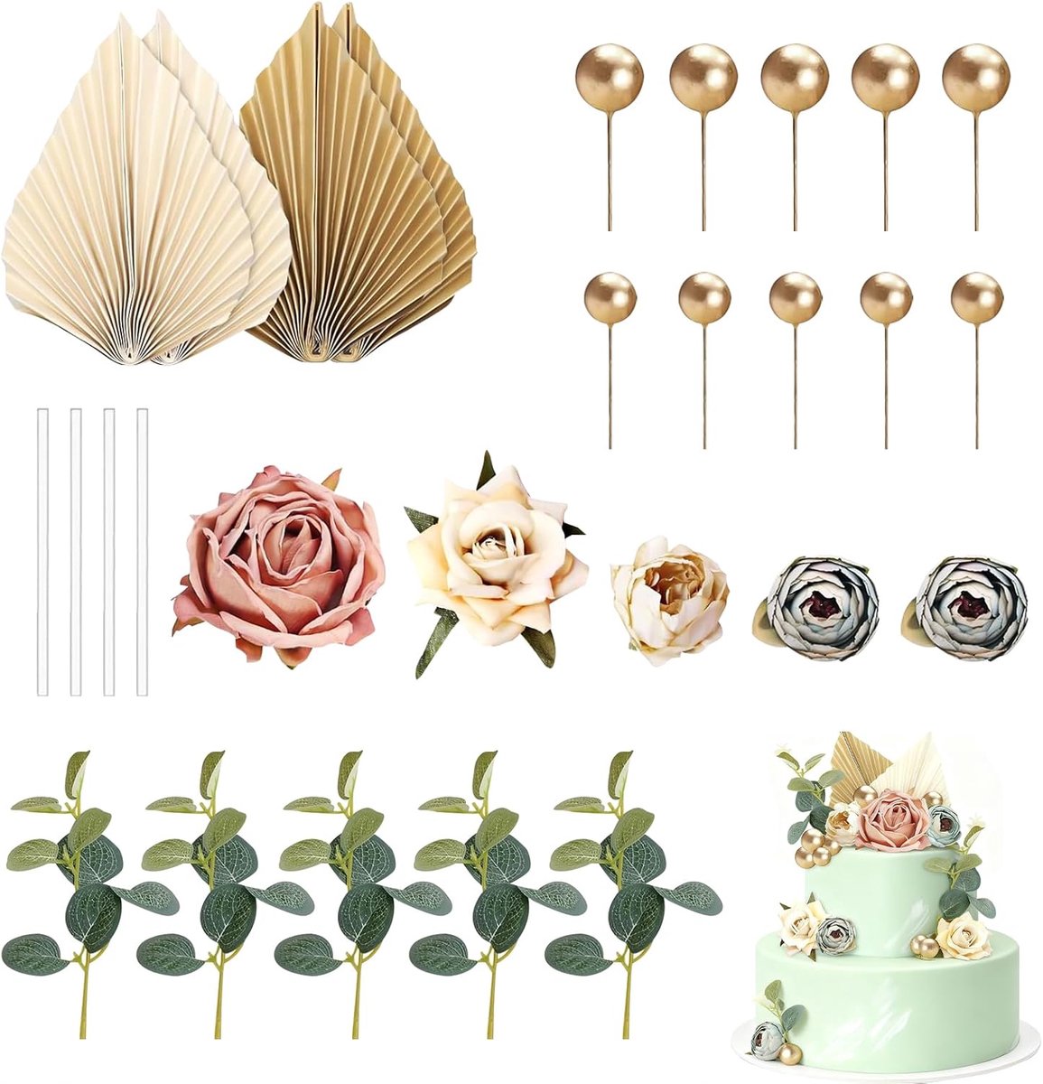 Taart decoratie set verjaardag 28 delig beige goud met kunstbloemen gouden bollen bladeren voor bruiloft babyshower communie doopfeest en party