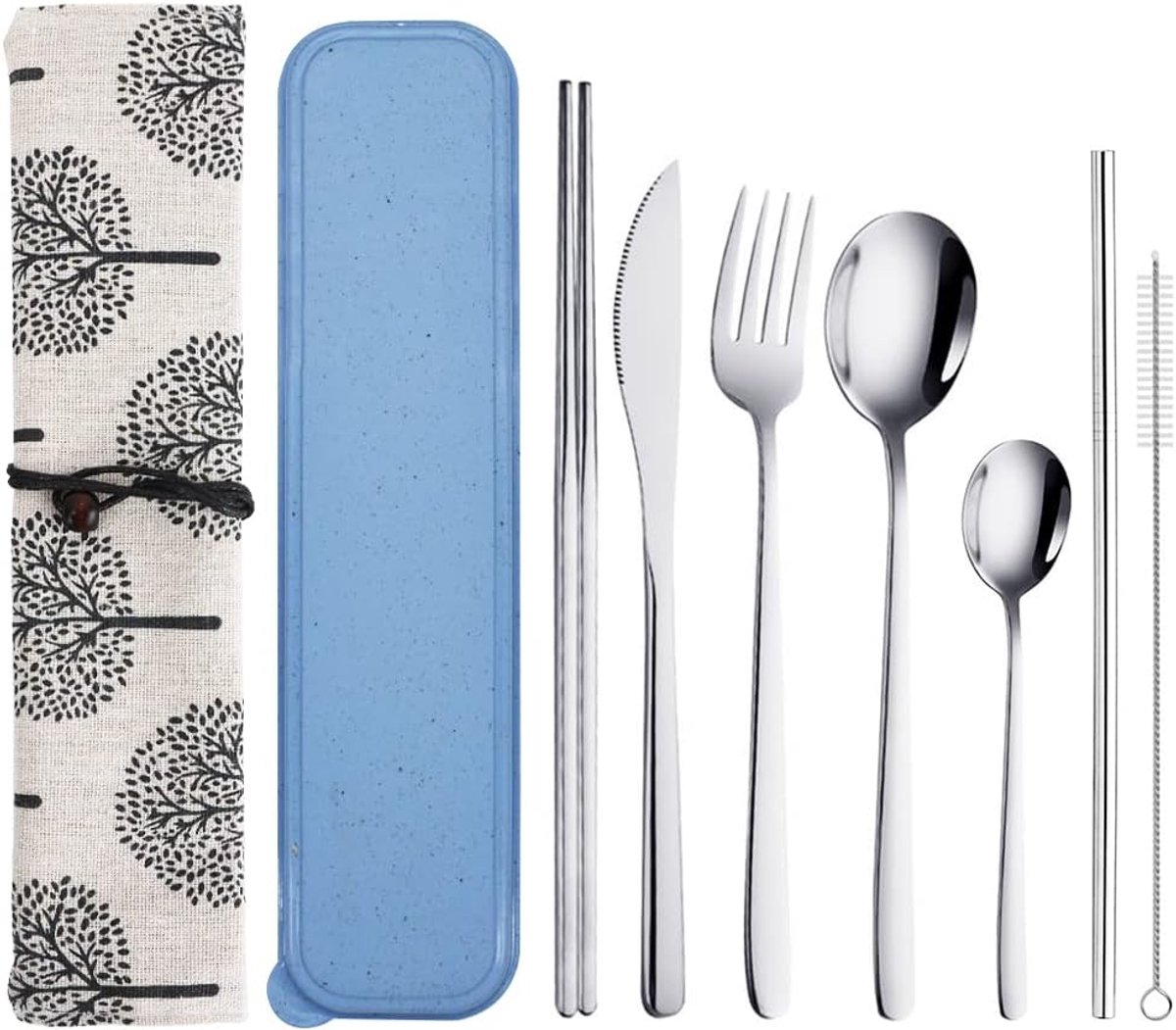 Bestek Set met Etui, Herbruikbare Roestvrij Staal Reizen Lunchgerei met Vork Lepel mes Eetstokjes en Rietjes, Reinigingsborsteltje voor Camping, Picknick(Zilver)