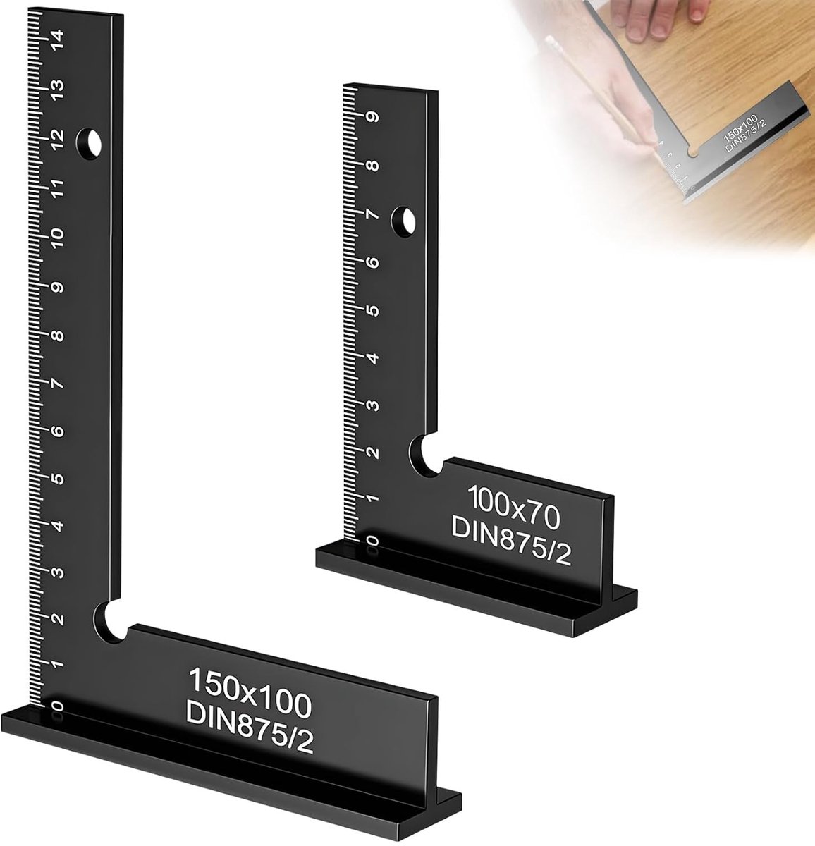 Set van 2 sloten met meetschaal (cm), afmetingen 150 x 100 mm & 100 x 70 mm aanslaghoek, 90° timmermanshoek voor houtbewerking, timmerhoek voor nauwkeurig werken in metaalbouw en werkplaats (zwart)