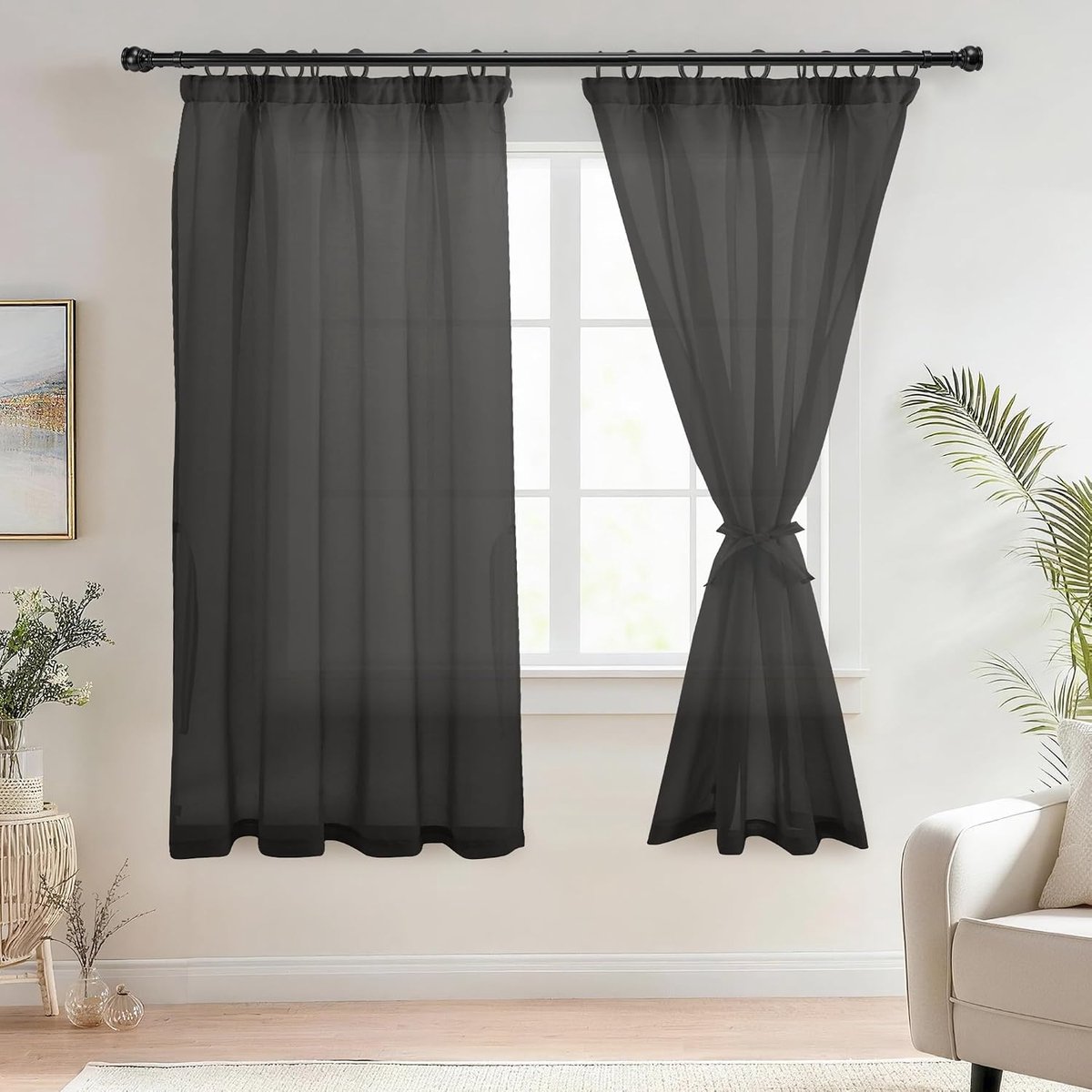 Voile gordijnen met plooiband, linnenlook, 2 stuks, halftransparant, voor woonkamer, doorzichtige gordijnen, kort, zwart, 160 x 140 cm (hoogte x breedte)