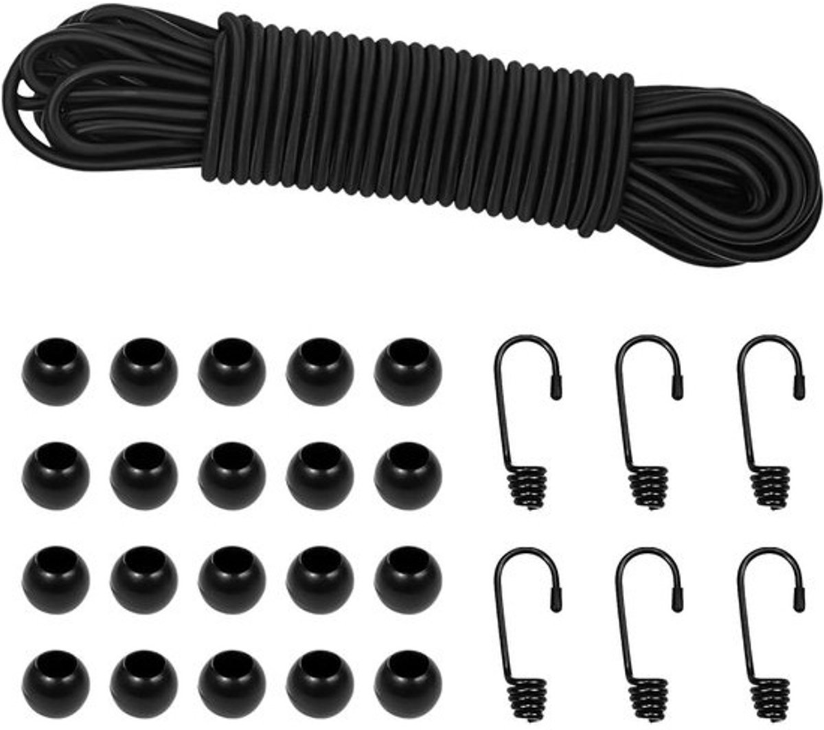 10 meter elastisch touw voor transport - 4 mm elastische touwen en bevestigingen - 6 elastische haken - 10 ronde kunststof gespen | Sterke kwaliteit | Multifunctioneel .