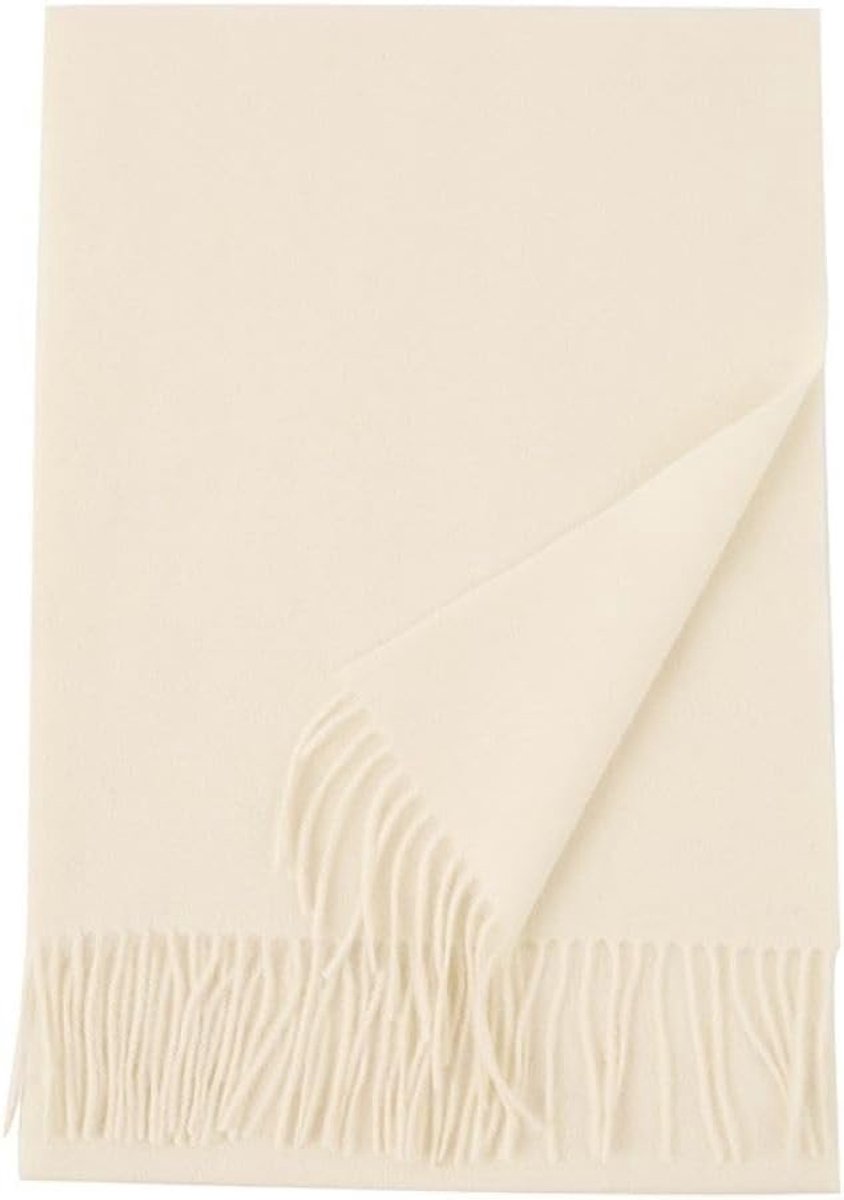 Sjaal voor dames en heren, pure wol, zachte sjaal, effen, met winterfranjes, crèmewit., 200 cm X 33 cm
