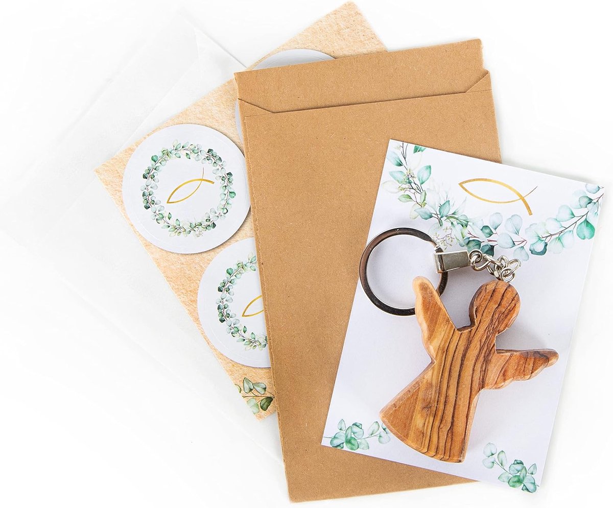 Klein geschenk voor doop communie vormsel - beschermengel sleutelhanger met kaart A7