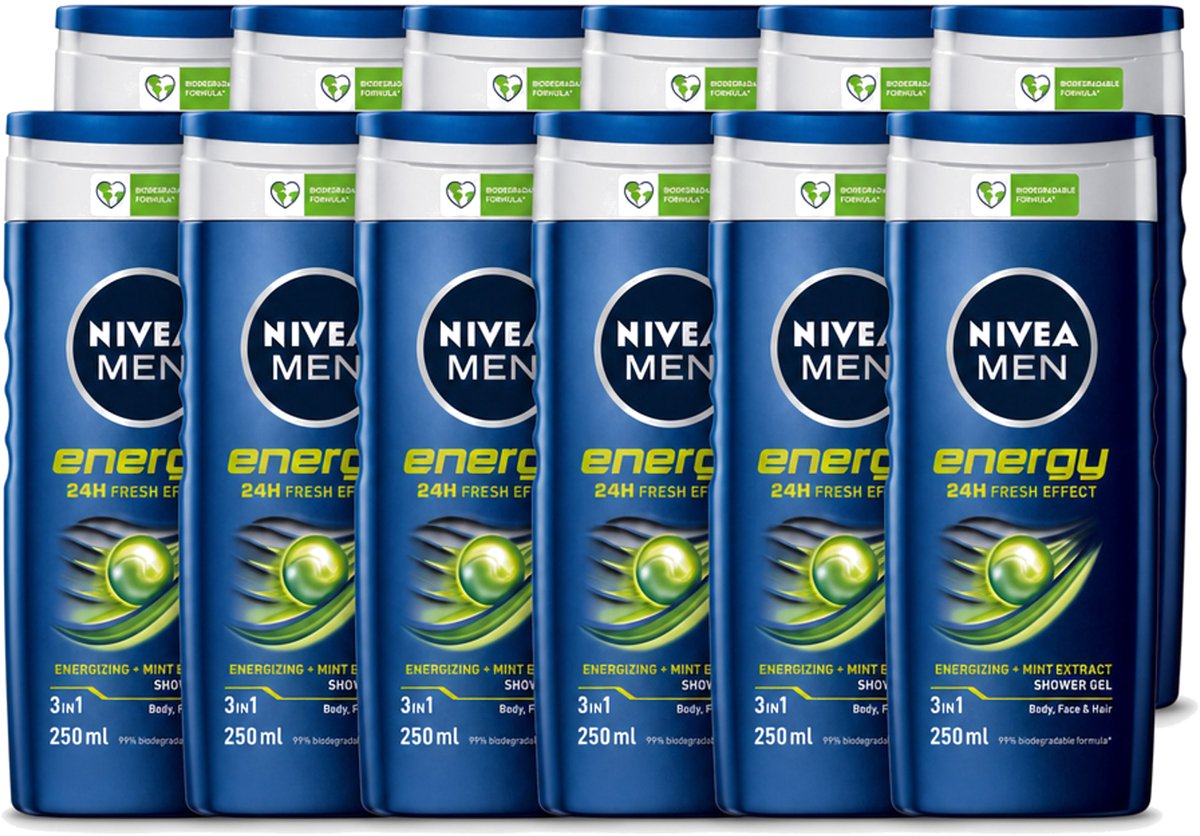 12 x Nivea - Men - Energy Douchegel - Langdurig Fris Gevoel - 250 ml - Voordeelverpakking - 12 stuks