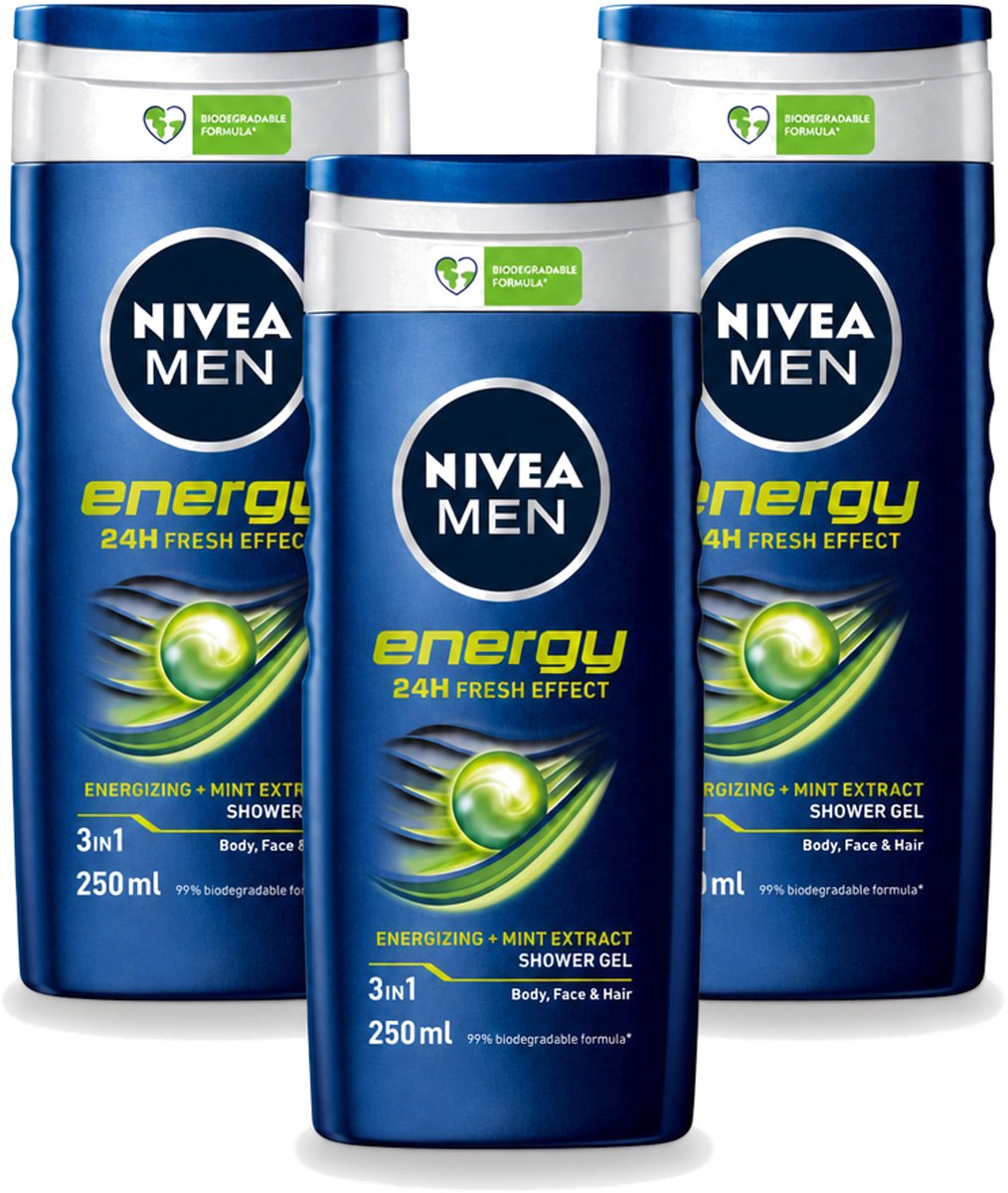 3 x Nivea - Men - Energy Douchegel - Langdurig Fris Gevoel - 250 ml - Voordeelverpakking - 3 stuks