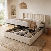 OKWISH Tweepersoonsbedden 160x200 cm - Opbergbed Met Hydraulische Lift En Lattenbodem - Gestoffeerd Bed Voor Extra Slaapkameropslag - Linnen - Beige