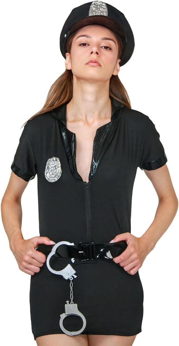 kort politie-kostuum voor dames, met muts, handboeien en riem, verleidelijk politie-uniform voor carnaval en themafeesten