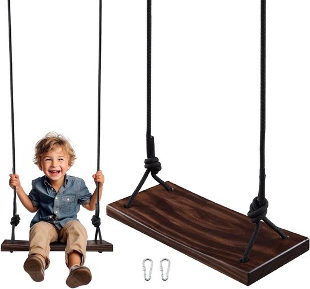 Houten schommel voor volwassenen en kinderen, anti-corrosief met verstelbaar touw en boomriemen, belastbaar tot 200 kg