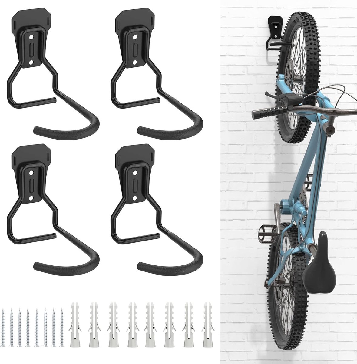Fietsophanghaken Voor Wandmontage – Set Van 4 Stuks – 35 kg Per Haak Met Veiligheidsvergrendeling – Voor Mountainbikes, Racefietsen En Kinderfietsen – Ruimtebesparend – Zwart