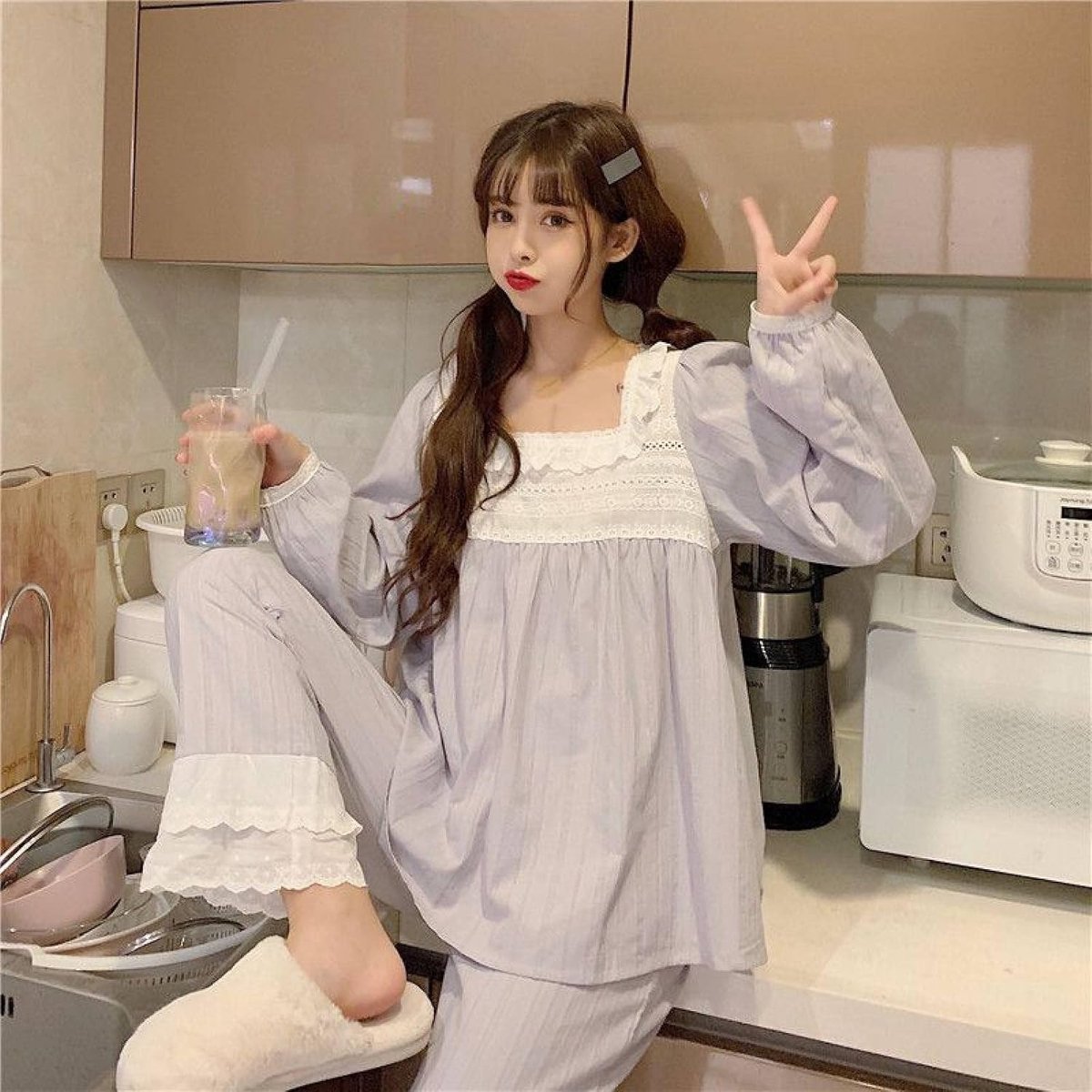 Vierkante Kraag Zoete Kanten Pyjama Set - Dames Homewear Set In Effen Kleur,Prinses Windkatoen Jacquard Loungewear Tweedelige Set,Dames Lange Mouw Ruches Nachtkleding Homewear,Grijs Paars,One S