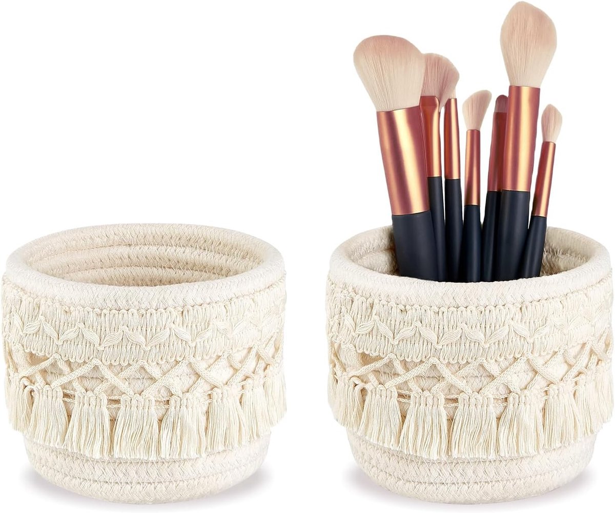 Set van 2 Make-up Borstelhouders en Organizers met Boho Decoratie voor Pens en Potloden - Mini Opbergmanden 10 x 10 cm (Wit)