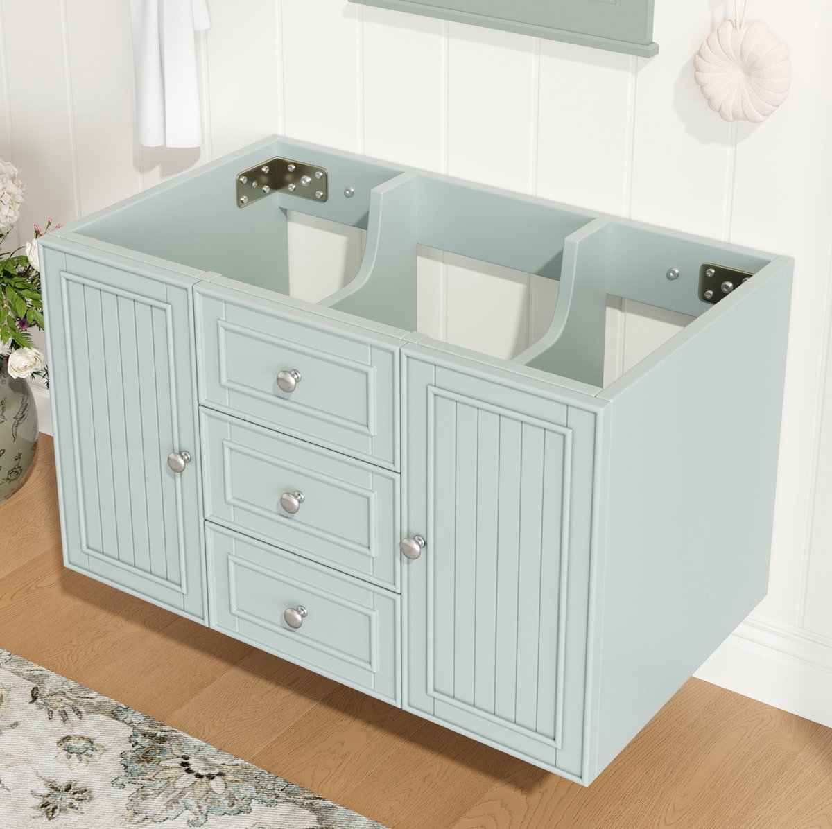 MEUNIQ Hangende wastafelonderkast 78,5 x 46 x 46,8 cm met 3 laden en zijkast, MDF badkamerkast met metalen grepen voor wastafel, groen