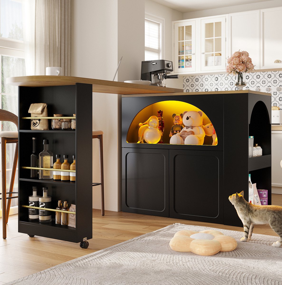 MEUNIQ Uitschuifbare bartafel 135-205 x 39 x 100 cm met opbergruimte, wielen met rem, LED-verlichting en USB-aansluiting voor keuken of woonkamer - Zwart