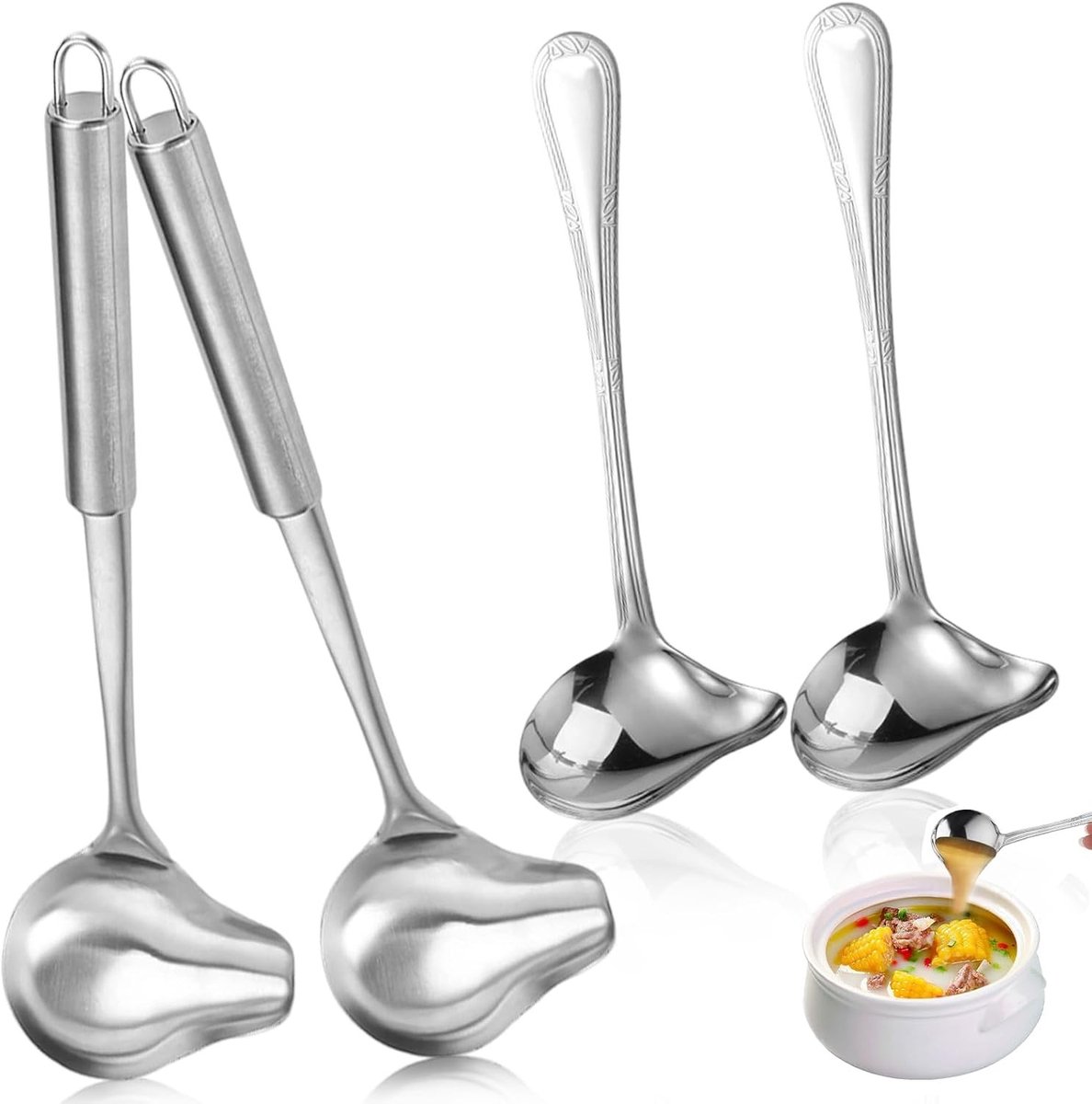 Set van 4 RVS Sauslepels van 20 cm en 30 cm - Ideaal voor Soepen, Sauzen en Dressings