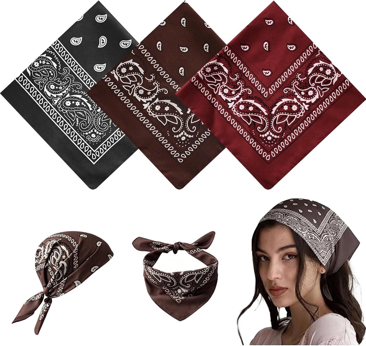 Set van 3 Multifunctionele Paisley Sjaals voor Volwassenen en Kinderen - Mode, Sport en Accessoires voor Nek, Hoofd en Pols (54 cm x 54 cm)