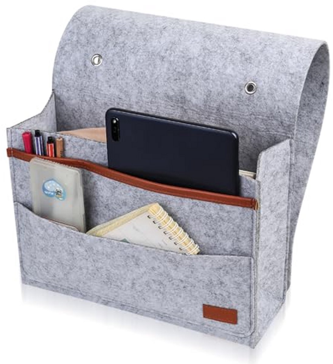 Hangende Bedorganizer - Bedzak met Opbergvakken - Grijs - Voor Boeken, Telefoon, Afstandsbediening en Kleine Spullen