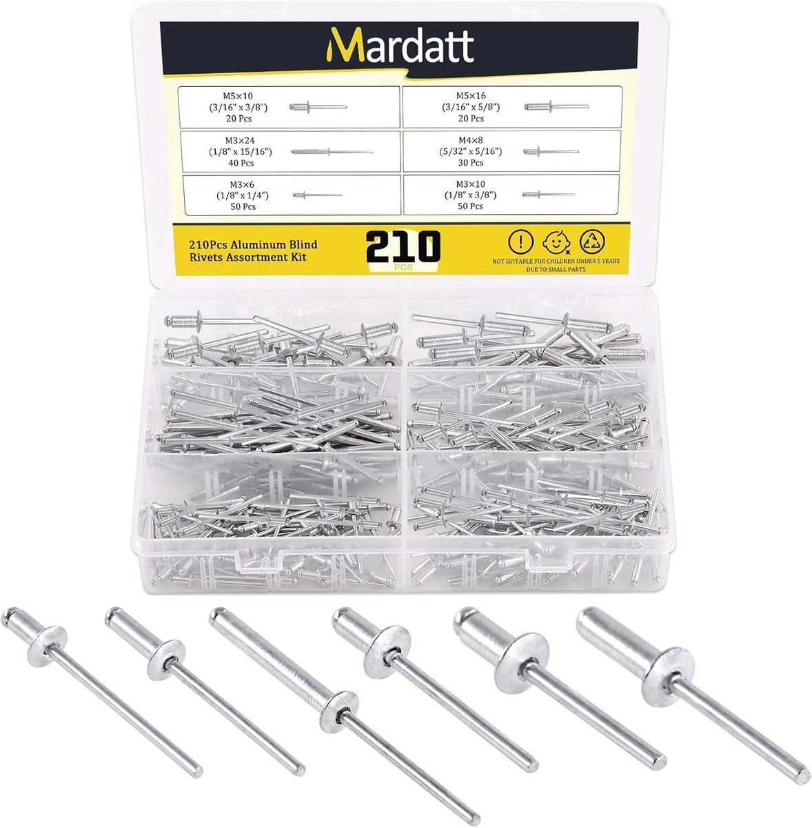 Assortiment van 210 Stuks Blind Rivets in 6 Maten voor Metaalbewerking en Houtbewerking