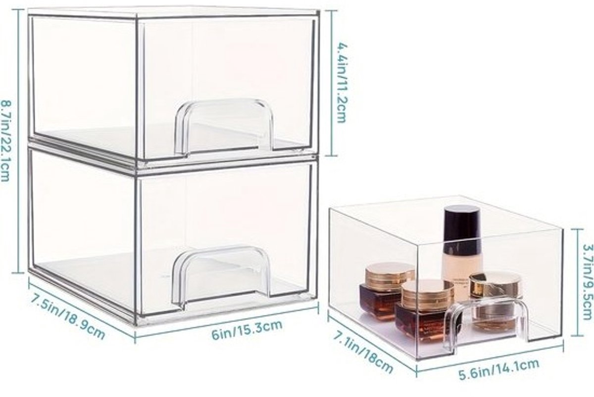 SnelShoppen - Set van 2 Lades Cosmetische Opbergbakjes, Transparante Organizer voor Badkamer, Keuken, Slaapkamer, Stapelbaar, Makkelijk Identificeerba