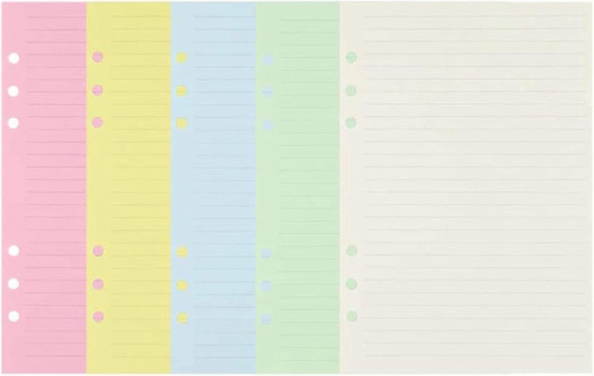 Gekleurd A5 Gelinieerd Notitiepapier met 6 Perforaties - Vervangbare Bladen voor Agenda, Notities, Vergaderingen en Reizen - 50 Vellen in Handige Losse Bladen