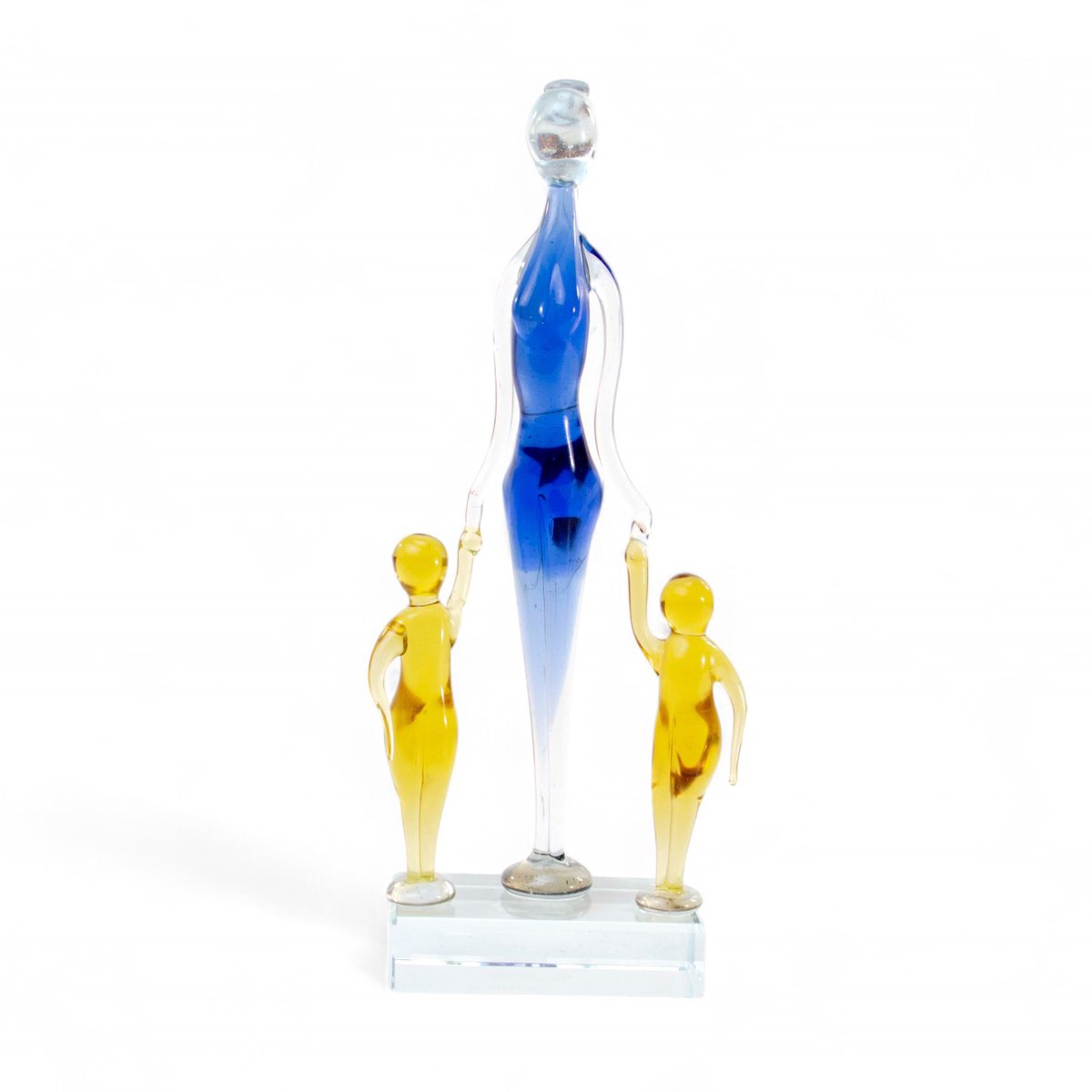 Glazen Beeldje Moeder met Kinderen – Blauw & Geel – 23 cm