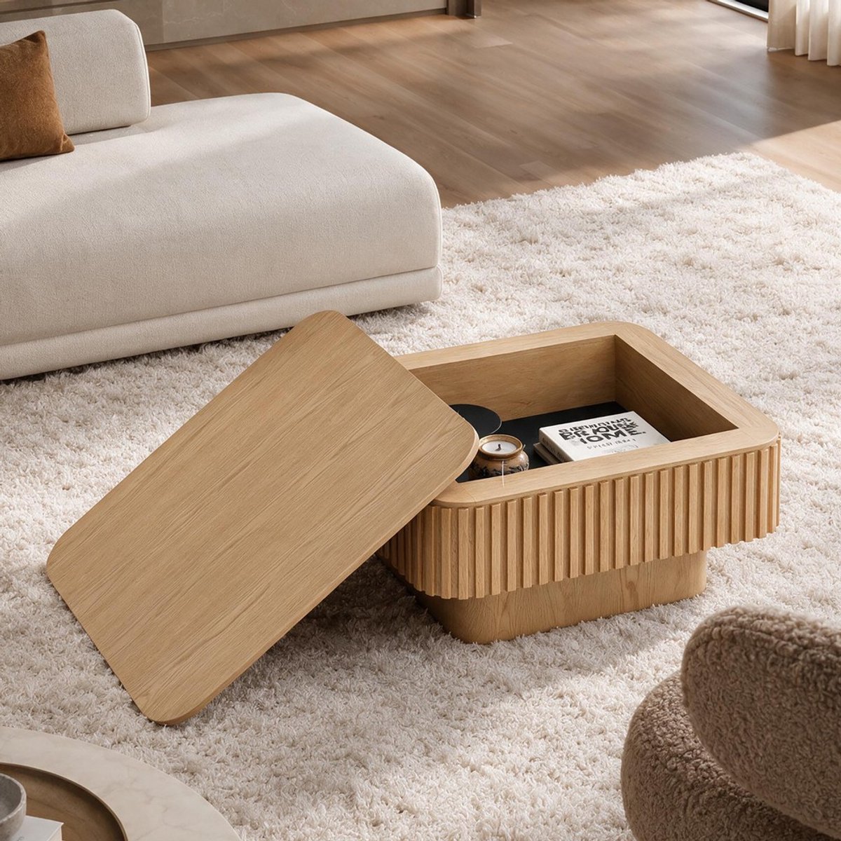KOMHTOM 75 cm vierkante geribbelde salontafel met verborgen opbergruimte, moderne cocktailtafel van massief hout met fineer, in 5 minuten eenvoudig te monteren accenttafel voor de woonkamer, slaapkamer, appartement of kantoor, natuurlijk hout